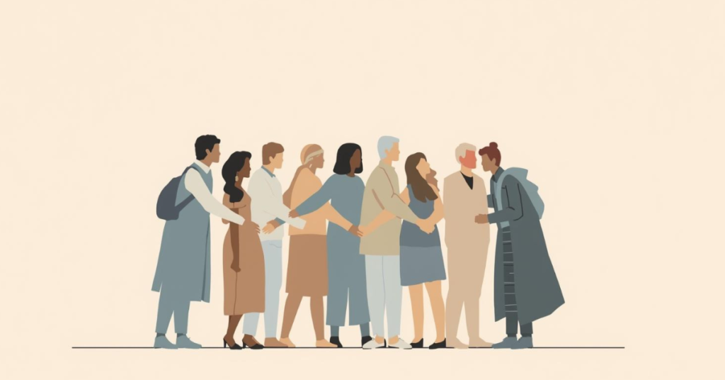 Illustration showing people and animals gathering together to represent simbramento and collective behavior