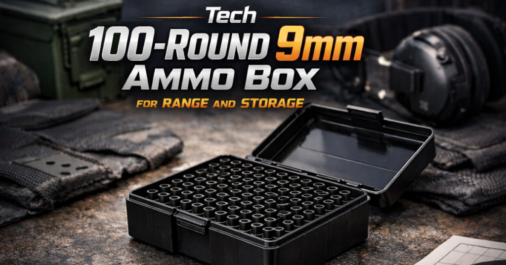 Tech 100-Round 9mm Ammo Box for Range and Storage Tech 100-round 9mm ammo box with organized molded slots for safe ammunition storage