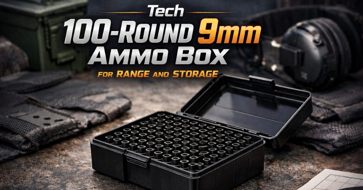 Tech 100-round 9mm ammo box with organized molded slots for safe ammunition storage