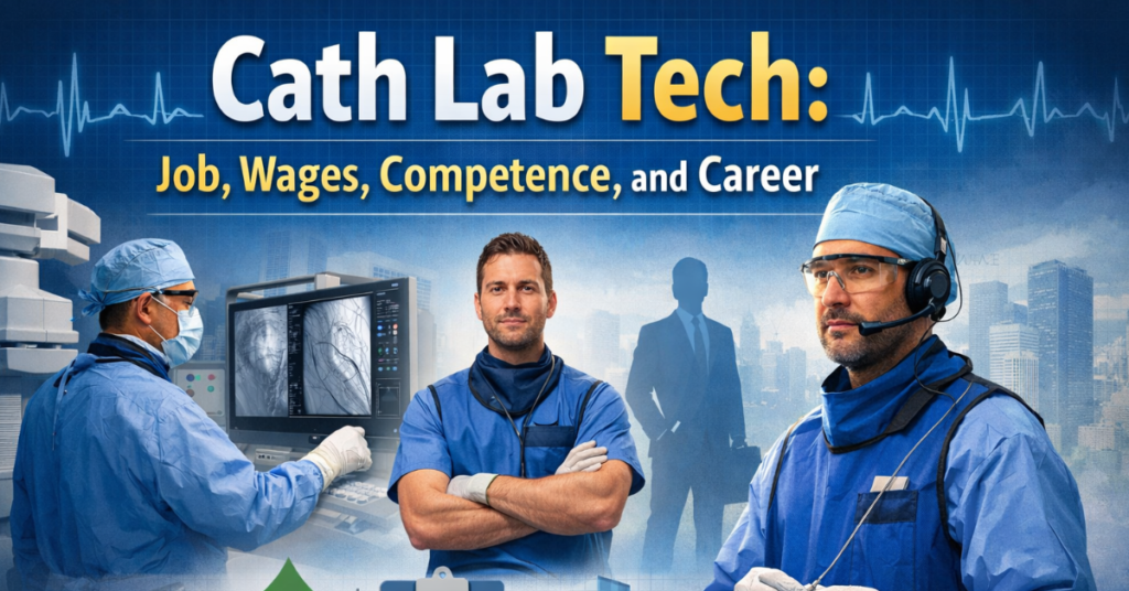 Cath lab technician assisting cardiologist during cardiac catheterization procedure