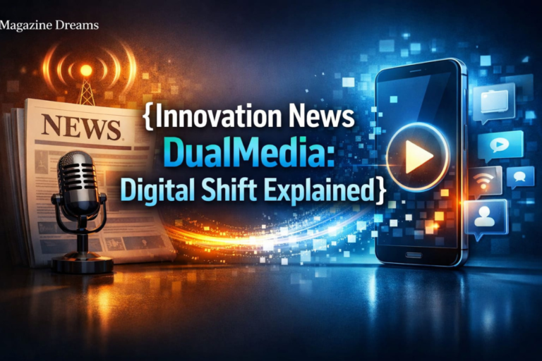 Innovation News DualMedia: Digital Shift Explained Innovation News DualMedia concept showing digital news platforms, AI automation, and multi-channel media distribution on mobile and desktop devices