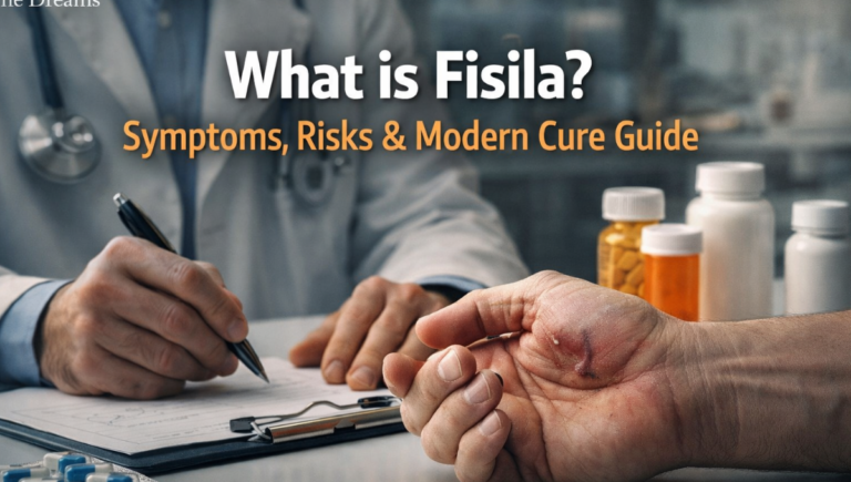 Fisila fistula medical condition illustration showing abnormal tunnel between tissues with symptoms and treatment explanation