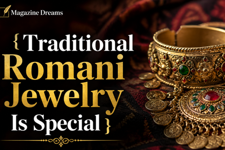 Traditional Romani jewelry display featuring coin necklaces, engraved rings, and handcrafted heritage pieces