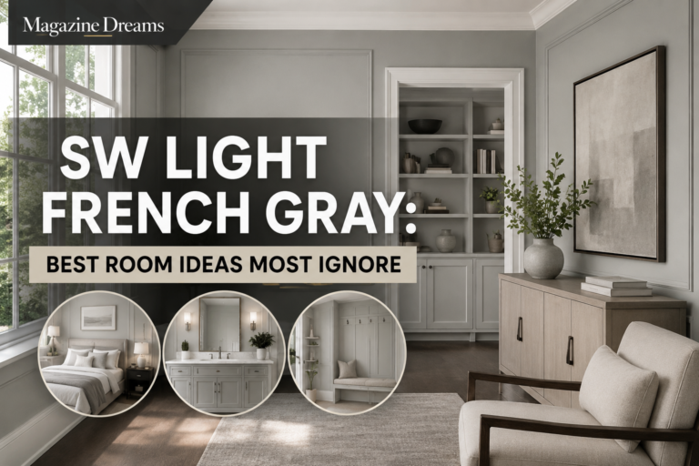 Sherwin-Williams SW Light French Gray living room interior design with modern home decor