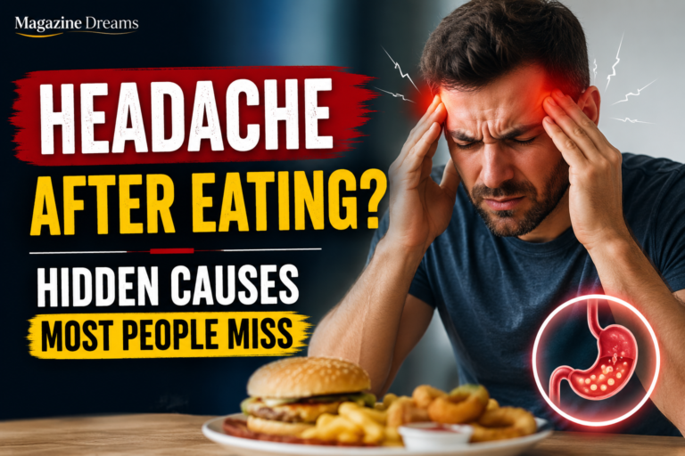 Headache After Eating? Hidden Causes Most People Miss Person experiencing headache after eating food at dining table with healthy and unhealthy meal choices