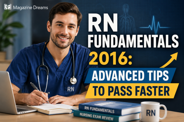 RN Fundamentals 2016 nursing exam preparation guide with nursing student studying NCLEX style questions, patient safety notes, and clinical practice concepts