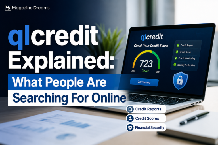 Person researching qlcredit online with financial dashboard visuals and search engine trend analysis on a modern digital screen