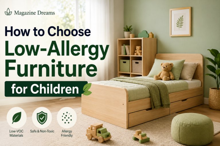 Child's allergy-friendly bedroom featuring a solid wood bed, closed storage, washable rug, and low-allergy furniture designed to reduce dust mites and indoor allergens.